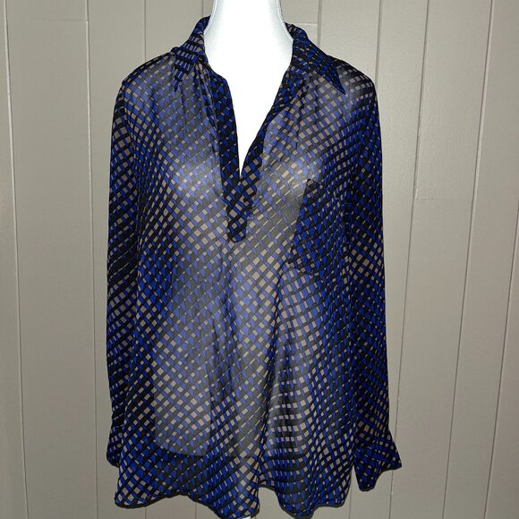 Pleiome Diamond Pattern Sheer Long Sleeve Blouse – Modern & Elegant - S - Picture 1 of 4
